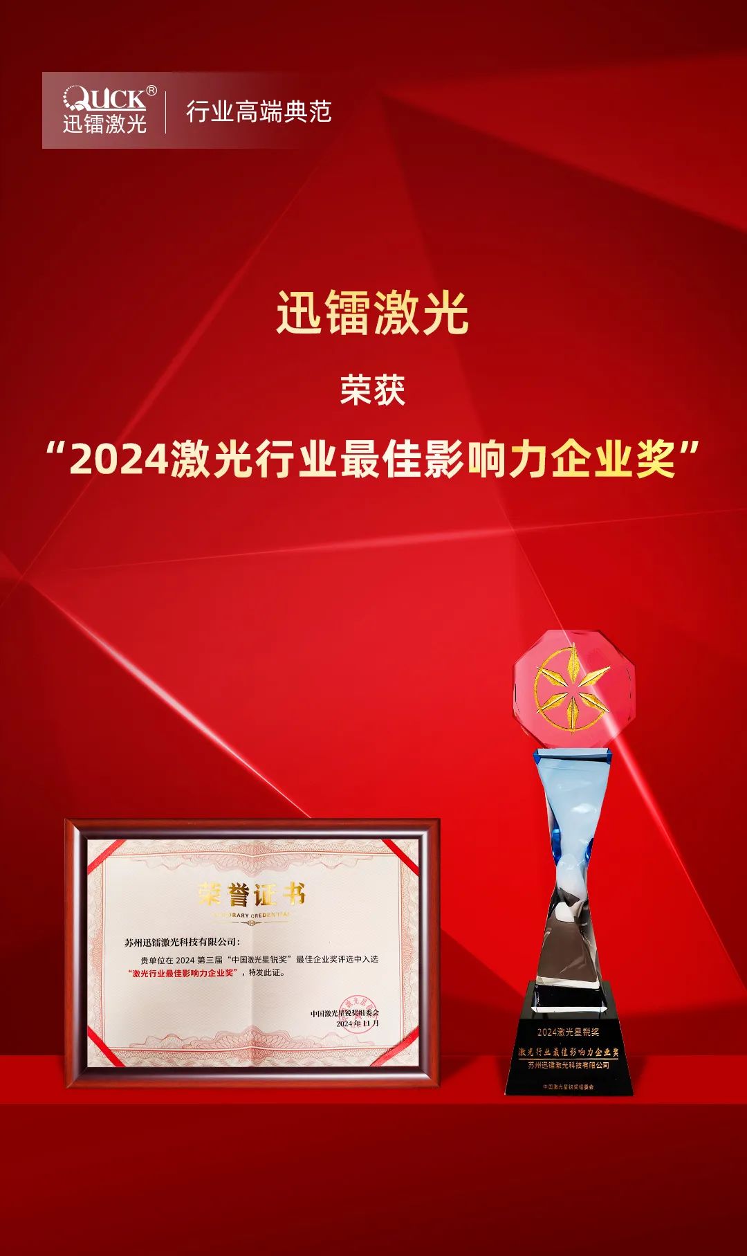 榮譽(yù)+1 | 迅鐳激光榮獲“2024激光行業(yè)最佳影響力企業(yè)獎”(圖2)